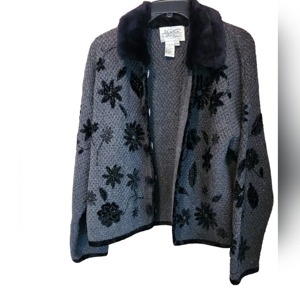 Elana Carello charcoal knit jacket with embroidered black flowers. Faux fur trim